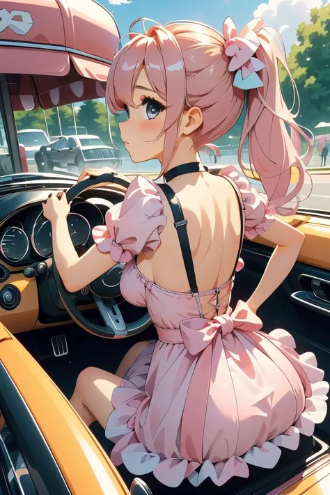 (masterpiece, best quality), 1girl, Pastel Peach Twisted Side Ponytail with Hair Cuff, tiny breasts,   <lora:girllikeminicar:1> mini car, from behind, looking viewer, ground of amusement park, hand on steering wheel, cute little dress