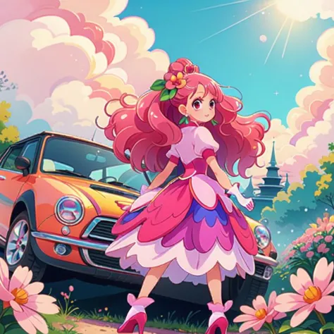 a girl in a pink dress standing next to a car