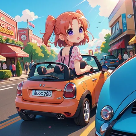 a woman in a pink dress driving a small car down a street