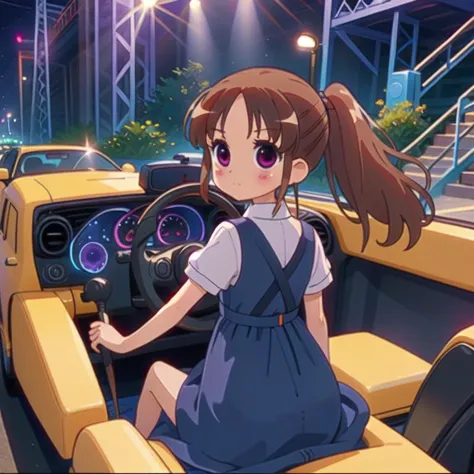 (masterpiece, best quality, detailed:1.5), violet theme, <lora:girllikeminicar:0.8> mini car, from behind, looking viewer, ground of amusement park, hand on steering wheel, cute little dress BREAK solo, (shizuno takakamo:1.3) <lora:shizuno-sakiA:1>, unusual event in background