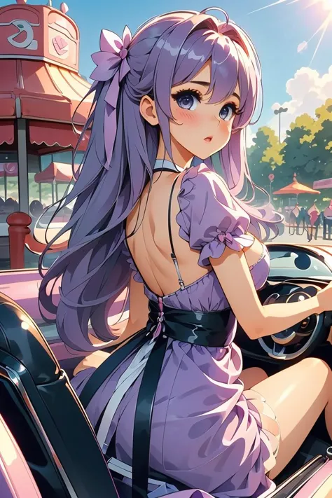 a woman in a purple dress sitting in a car