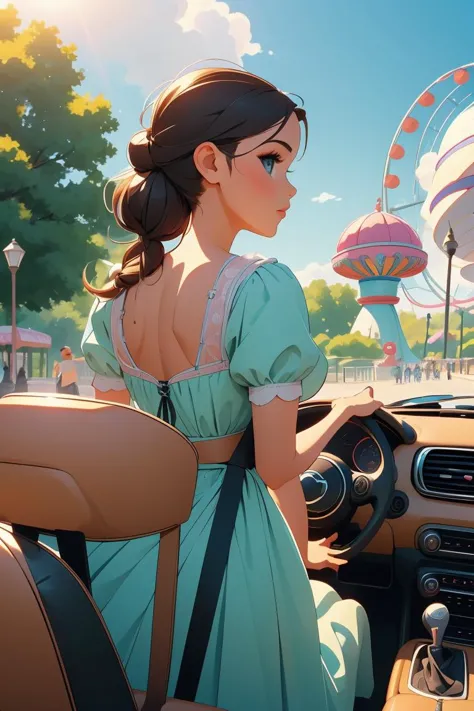 a woman in a blue dress is driving a car with a ferris wheel in the background