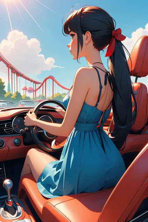 a woman in a blue dress sitting in a car with a bridge in the background