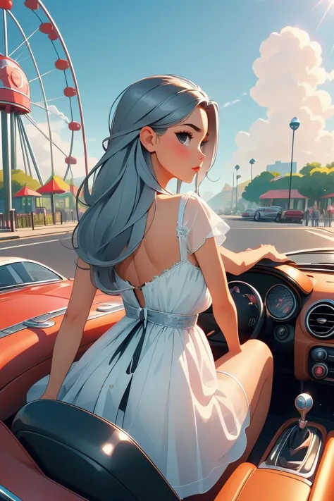 a woman in a white dress sitting in a car with a ferris wheel in the background