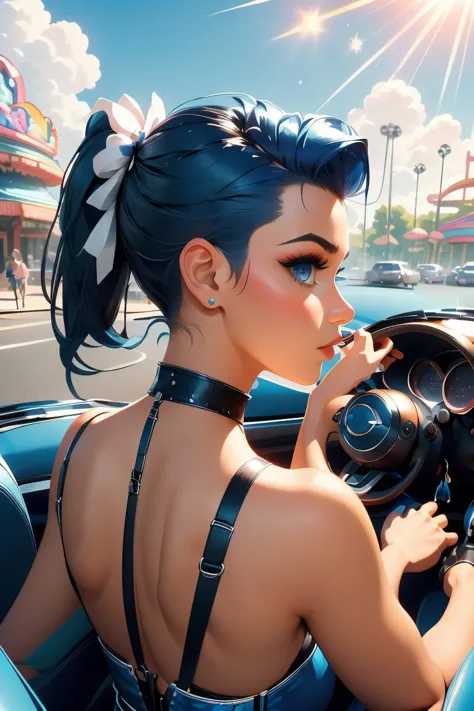 (masterpiece, best quality), 1girl, Steel blue Faux Hawk with High Fade, medium breasts,   <lora:girllikeminicar:1> mini car, from behind, looking viewer, ground of amusement park, hand on steering wheel, cute little dress