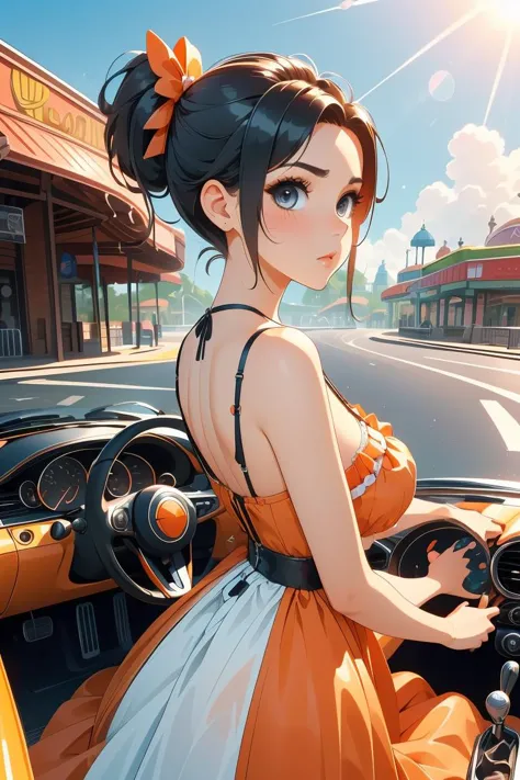 a woman in an orange dress driving a car on a street