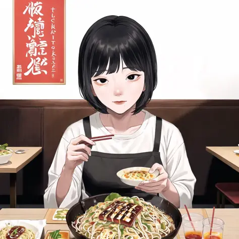 (Nugochan:1.0), desenho, bolsas sob os olhos, bendy palha, Cabelo preto, tigela, pauzinhos, xícara, Pele escura, canudo, comendo, comida, alta resolução, dentro de casa, Macarrão, Okonomiyaki, poster \(objeto\), restaurant, texto romaji, molho, colher, cabelo branco