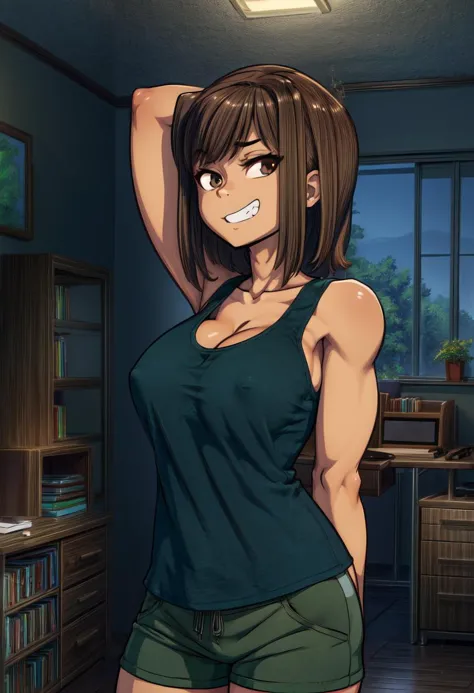 (Highres), kira,brown eyes,brown hair,teeth,
black tank top,green shorts,cleavage,no bra,arms up,
standing,upper body,
indoors,room,looking at viewer,smile,
(insanely detailed, masterpiece, best quality),solo,<lora:kirawilliams:0.8>, <lora:add_detail:1> <l...