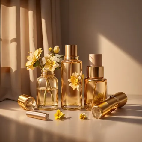 a close up of a vase with flowers and a bottle of perfume