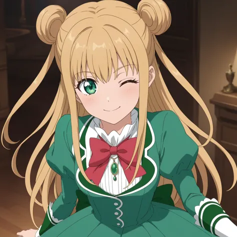 <lora:CeciliaXL>,
looking at viewer,smile,one eye closed,
anime screencap,
best quality,masterpiece,
solo,
Cecilia,blonde hair,two buns,tailbone length hair,green eyes,green dress,red bow,green pendant,white extra long thigh high socks,