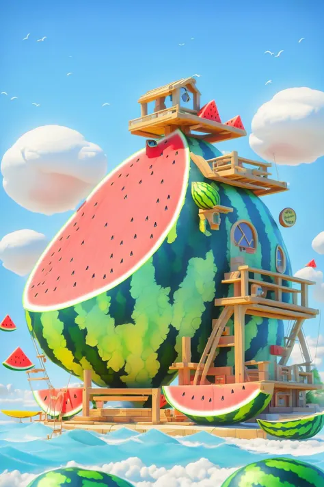 3dfz, watermelon, fruit, scenery, food, no humans, outdoors, cloud, sky, day, bird, boat, watercraft, water, house, ladder, window, blue sky, door, reflection,
tilt-shift,best quality,masterpiece,realistic,HDR,UHD,8K,