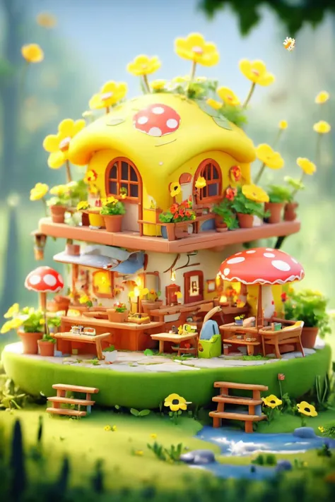 3dfz, no humans, flower, grass, ladder, window, plant, scenery, book, mushroom, yellow flower, water, watering can, blurry, pott...