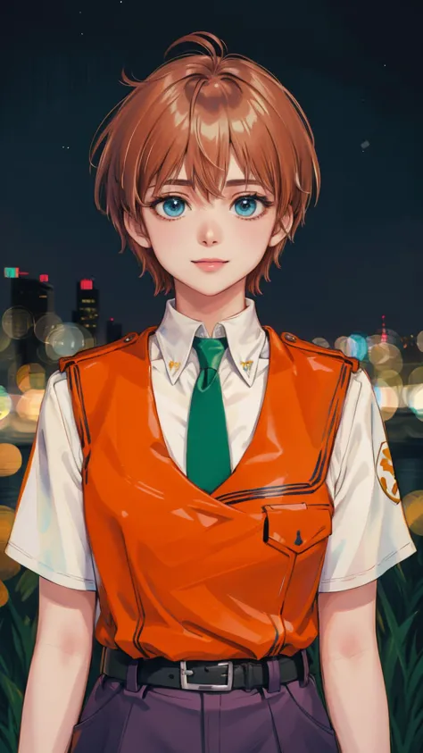 anime boy with orange vest and green tie standing in front of city lights