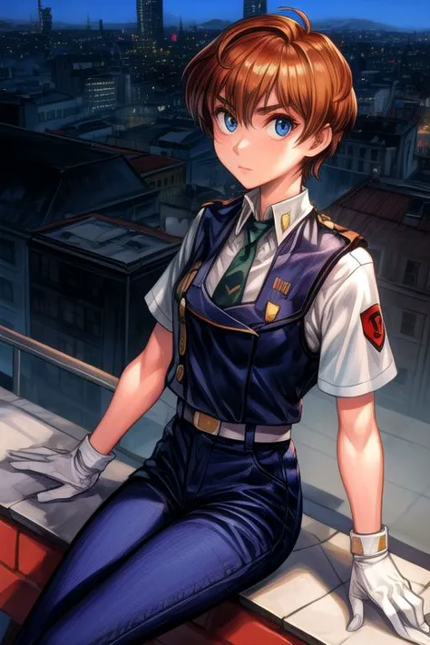 (masterpiece, best quality),  \(outdoors, city, rooftop, cowboy shot, 1girl, solo, izuminoa, izuminoauniform, short sleeves, blu...