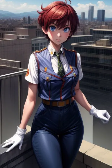 (masterpiece, best quality),  \(outdoors, city, rooftop, cowboy shot, 1girl, solo, IzumiNoa, IzumiNoaUniform, short sleeves, blue pants, blue eyes, white gloves, short hair, vest, <lora:IzumiNoa_V1-Manityro-Dadapt:1.0>, toned, standing, looking at viewer, hands on own thighs,