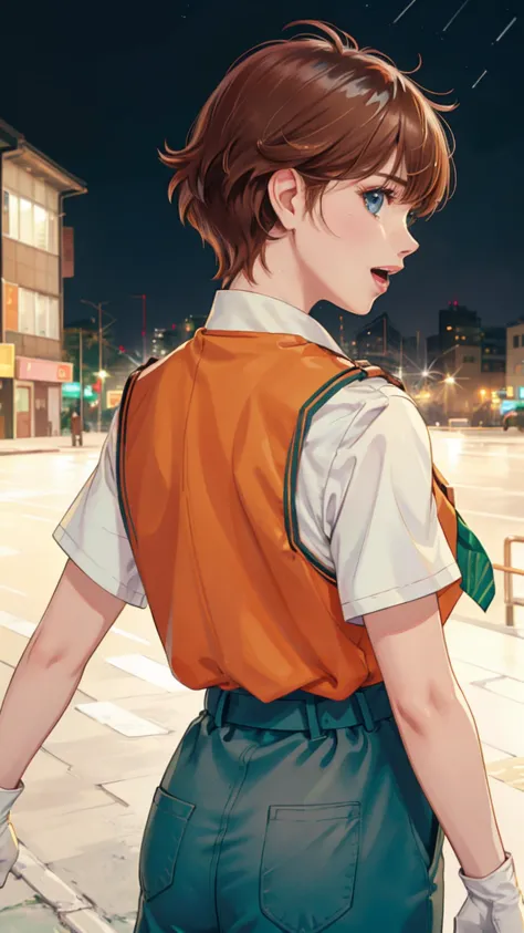 anime girl with brown hair and orange vest walking down the street