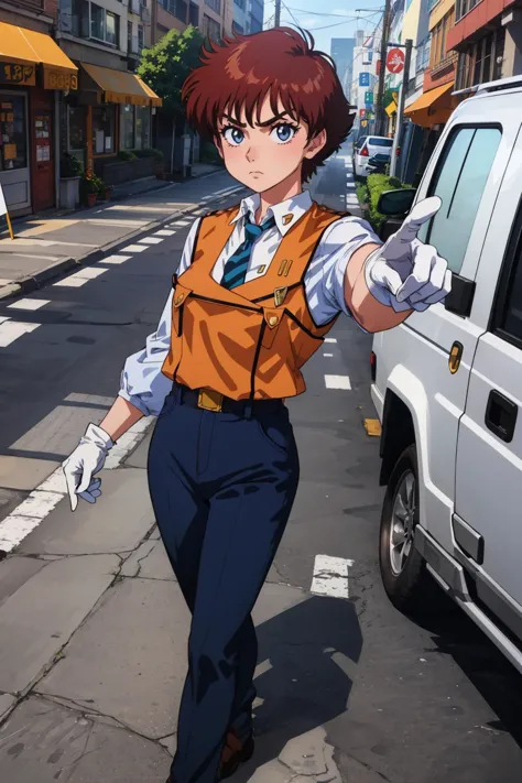 anime character in a vest and tie walking down a street