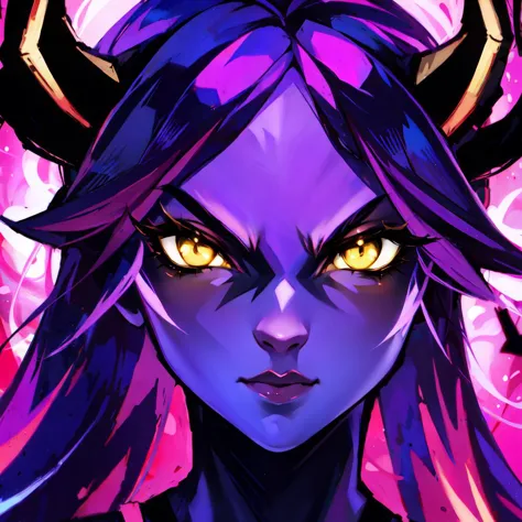 wowicon portrait of a female demon, purple skin, horn, yellow eyes, pink glow <lora:sxzWowIconsStyle_v2:0.7>