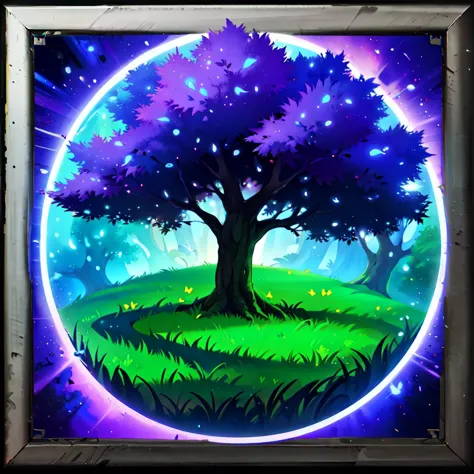 a painting of a tree in a field with a purple light