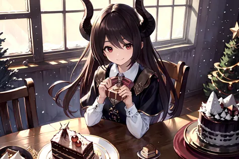 <lyco:ForteV1:0.8> solo, horns, red eyes, long hair, black hair, forest, snowing, christmas tree, gift box, (cake:1.1), smile, indoors, room, window, holding gift box, masterpiece, best quality, highres, <lora:GoodHands-vanilla:1> nice hands, perfect hands