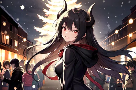 <lyco:ForteV1:0.7> solo, horns, red eyes, long hair, black hair, medium breasts, red ribbon, black coat dress, christmas ornaments, tree, street, shop, crowd, night, snowing, smile, squinting, hand up, head tilt, floating, glowing, upper body, from side, hood, masterpiece, best quality, highres, <lora:GoodHands-vanilla:1> nice hands, perfect hands