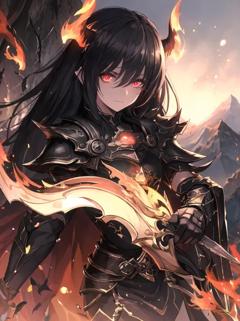 masterpiece,best quality,highres,cinematic lighting,dramatic angle,<lora:ForteV13-000030:0.8:lbw=jiangshi3>,1girl,black hair,long hair,horns,skirt,serious,black armor,cape,holding weapon,dual wielding,fire,dragon,mountains,lava,looking at viewer,glowing eyes,shaded face,portrait,close-up