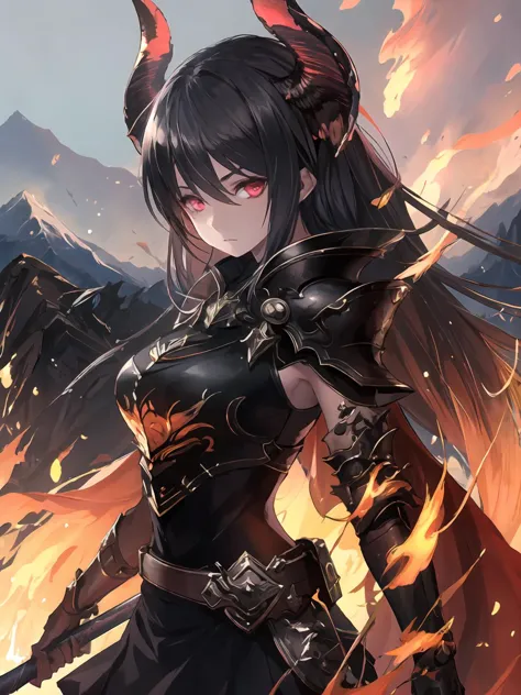 masterpiece,best quality,highres,cinematic lighting,dramatic angle,<lora:ForteV13-000030:0.8:lbw=jiangshi3>,1girl,black hair,long hair,horns,skirt,serious,black armor,cape,holding weapon,dual wielding,fire,dragon,mountains,lava,looking at viewer,glowing eyes,portrait,close-up,shiny