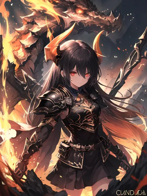 masterpiece,best quality,highres,cinematic lighting,dramatic angle,<lora:ForteV13-000030:0.8:lbw=jiangshi3>,1girl,black hair,long hair,horns,skirt,serious,black armor,cape,holding weapon,dual wielding,fire,dragon,mountains,lava,looking at viewer,glowing eyes,shaded face,portrait,close-up