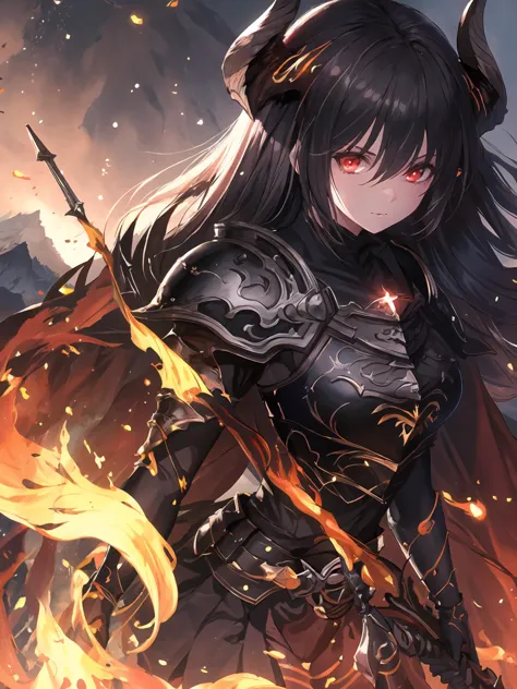 masterpiece,best quality,highres,cinematic lighting,dramatic angle,<lora:ForteV13-000030:0.8:lbw=jiangshi3>,1girl,black hair,long hair,horns,skirt,serious,black armor,cape,holding weapon,dual wielding,fire,dragon,mountains,lava,looking at viewer,glowing eyes,portrait,close-up,shiny