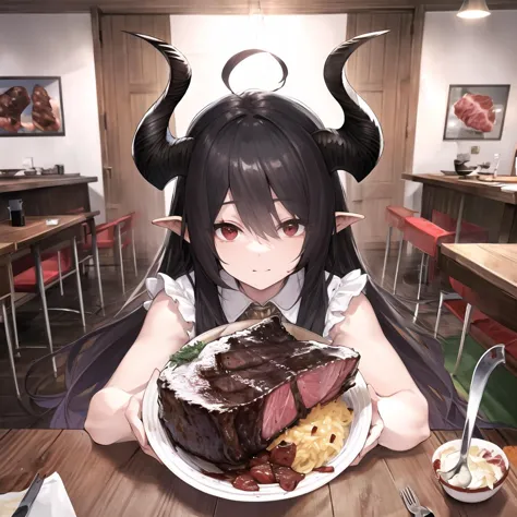 anime girl with horns holding a plate of food in a restaurant