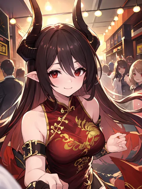 anime girl with horns and red dress in a crowded area