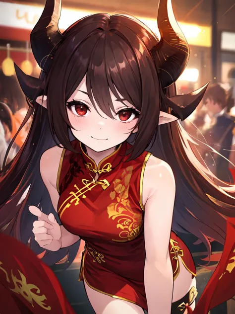 anime girl with horns and red dress in a crowded area