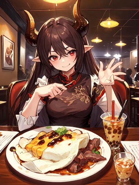 anime girl sitting at a table with a plate of food