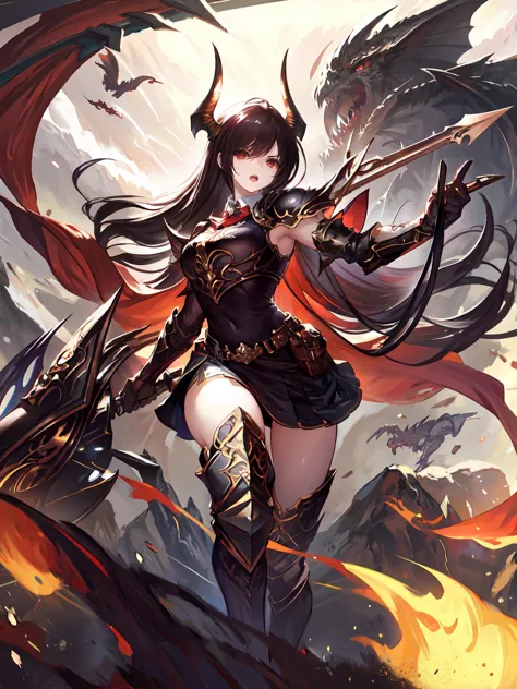 masterpiece,best quality,highres,1girl,<lora:ForteV2:0.7> ,horns,red eyes,armor,from below,dual wielding,white lance,black lance,holding,weapon,looking at viewer,leaning forward,dragon,fighting stance,open mouth,serious