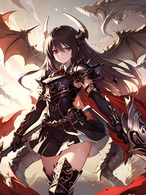 anime girl with sword and armor standing in front of a dragon