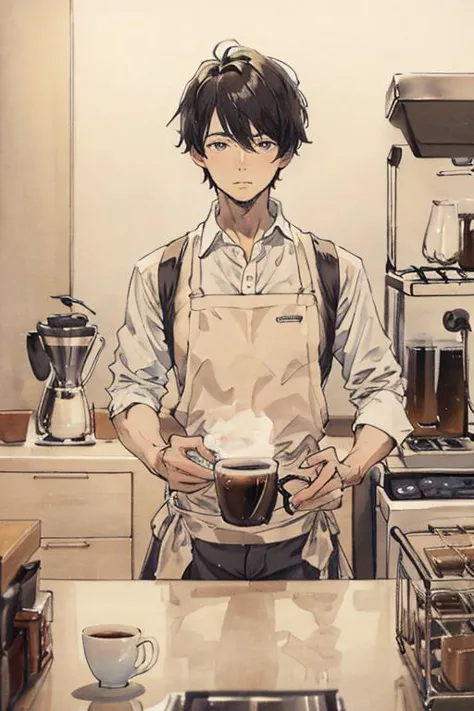 realistic, (best quality, masterpiece:1.3), kitchen, coffee machine, 1boy, cup,