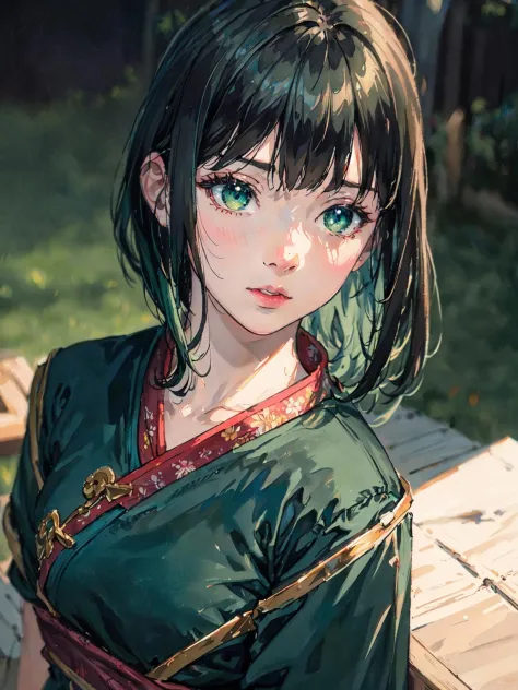 ((photorealistic:1.4)), finely detail, full-body shot, detailed full body features, ((1 girl)), ((solo)), ((extremely detailed face)), chinese girl, ((short straight hair)), ((black hair, bangs)), ((green hair)), perfect lighting, masterpiece, best quality...
