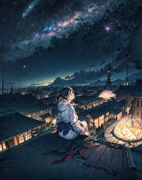 best quality, masterpiece, extremely detailed, detailed background, anime, 1girl, young girl, short girl, sci-fi, science fiction, outdoors, night, starry sky, greenhouse, megastructure, bio-dome, landscape, scenery, horizon, rooftop, sitting on rooftop, w...
