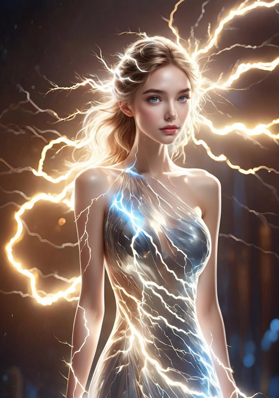 (obra maestra, alta calidad, mejor calidad, arte oficial, Belleza y Estética:1.2),(1 chica:1.3),formal_vestido,Boda_vestido,(A girl wrapped in lightning soaring truenobolts radiate truenobolts),composed of elements of trueno,trueno,electricidad,Transparencia,((cuerpo luminoso translúcido)),