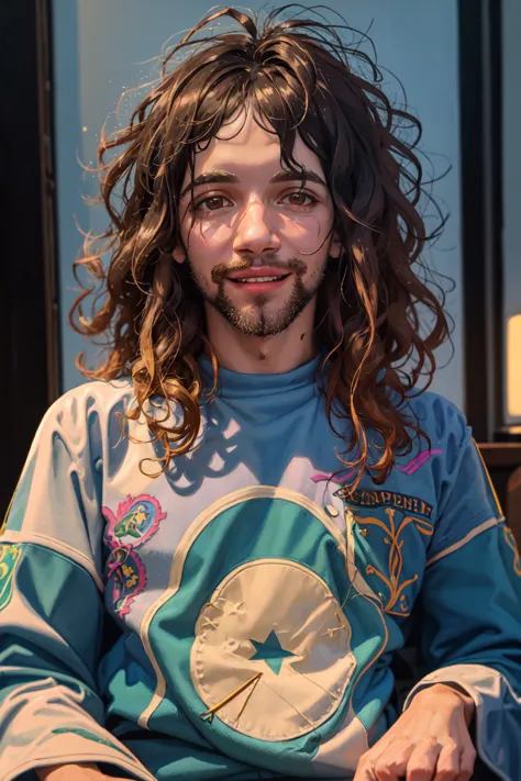 <lora:Dan_Avidan-10:0.75> Dan Avidan, (masterpiece, best illustration, extreme light and shadow, vivid colors), solo, brown hair, brown eyes, 1boy, male focus, looking at viewer, smile, long hair, facial hair, stubble, beard, shirt, curly hair, lips