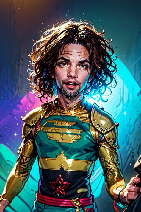 <lyco:Dan_Avidan-10:0.8>  Dan Avidan, (masterpiece, best illustration, extreme light and shadow, vivid colors), (shine, bloom), (ultra detailed), (cartoon, anime style),solo, shoulder armor, open mouth, 1boy, armor, long hair, pauldrons, male focus, brown hair, wide-eyed, parody, looking at viewer, dynamic angle, rule of thirds, stubble, looking at viewer, fantasy, shonen, Leigh Daniel Avidan, art by Shoocharu, close up, cel animation style,