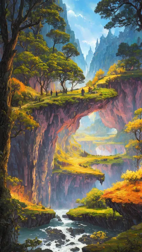 landscape,  A fantastic world with happy people, huge trees, hidden houses, a valley, high cliffs, an atmosphere of blis, twilig...