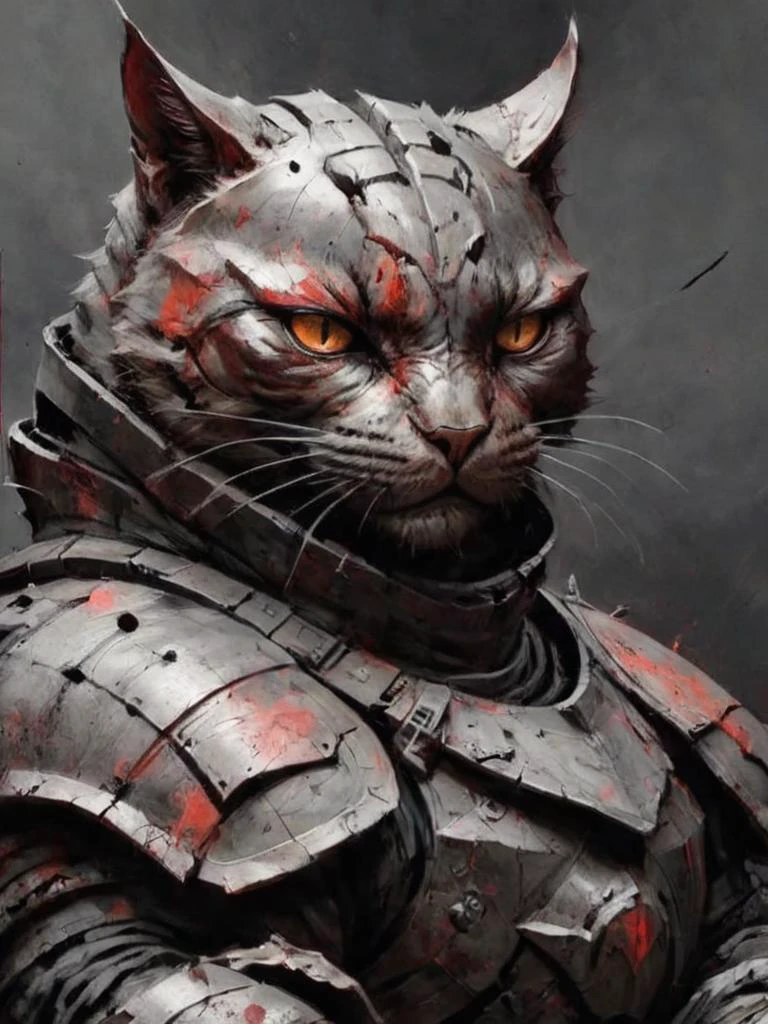 dynamink, depiction of an armored cat, red inked spots, cinematic, deep shadows, epic, high resolution, 