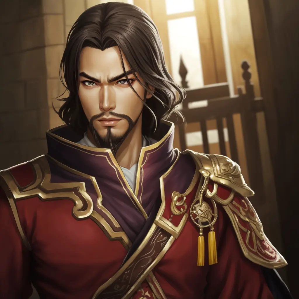 anime, ((medium up of lumeng)), dw7outfit, a man, (((thinking pose))), dark brown hair, hazel eyes, goatee beard, hakama pants, by seunghee lee, Jang Tae-Hwan, Chocofing R, seungho lee, smooth soft skin, big dreamy eyes, beautiful intricate colored hair, symmetrical, anime wide eyes, soft lighting, concept art, digital painting, detailed face, 