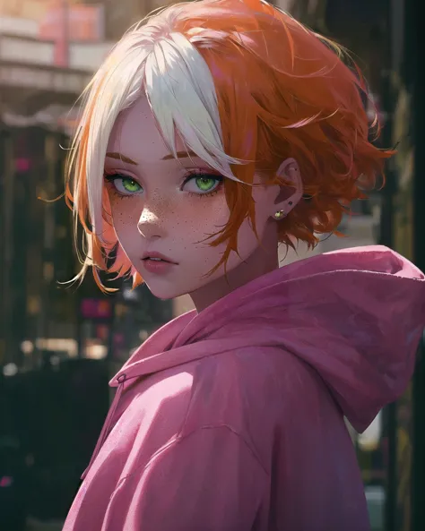 masterpiece, best quality, 1girl, solo, solo focus, ((orange_hair)), ((green_eyes)), freckles, short hair, facing viewer, ((pink_hoodie)), (white front hair), ear piercing, fcPortrait, ((sanpaku)), <lora:sanpaku-eyes-v2:1.0>,