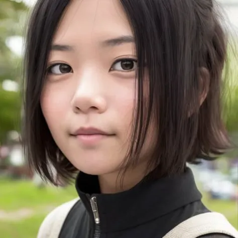 a close up of a woman with a black jacket and a white shirt