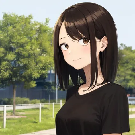 <lora:sanpaku-eye:1.2>,masterpiece,high quality,   sanpaku,1girl, looking at viewer, brown eyes, black hair, t-shirt, outdoors, smile