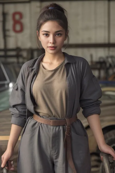3. Young female mechanic (ethnicity: Hispanic, age: mid-20s) in a busy auto workshop (setting: industrial, cluttered). She's in ...