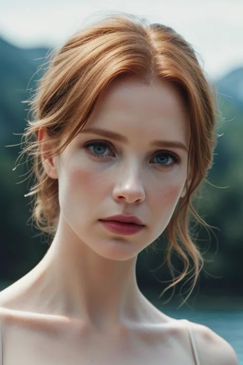 a woman with red hair and blue eyes standing in front of a lake