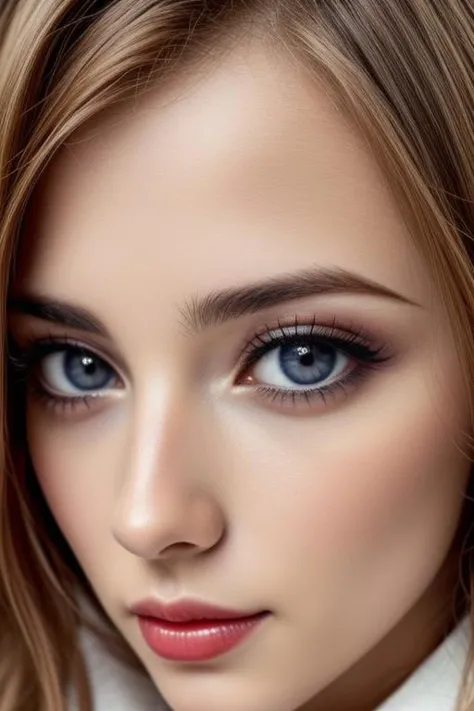 a close up of a woman with long hair and blue eyes